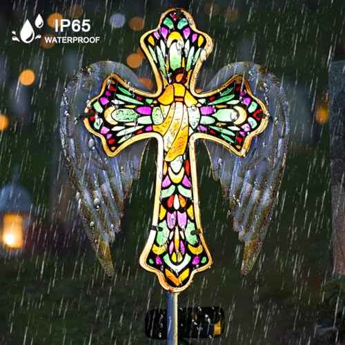 Solar Glass Cross Stake Lights with Angel Wings (2 Count)
