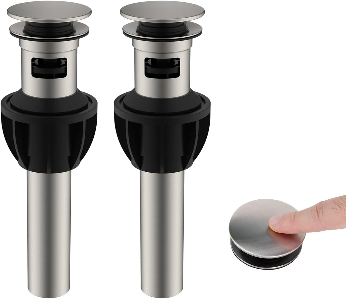 Hibbent 2 Pack Metal Bathroom Sink Drain with Overflow, Push and Seal Pop Up Drain Stopper, Stainless Steel Vessel Lavatory Vanity Sink Drain Stopper, Anti-Clogging Strainer, Brushed Nickel