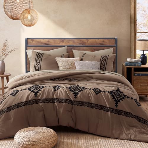 Embroidery King Size Comforter Set 7 Pieces Brown Bed in a Bag