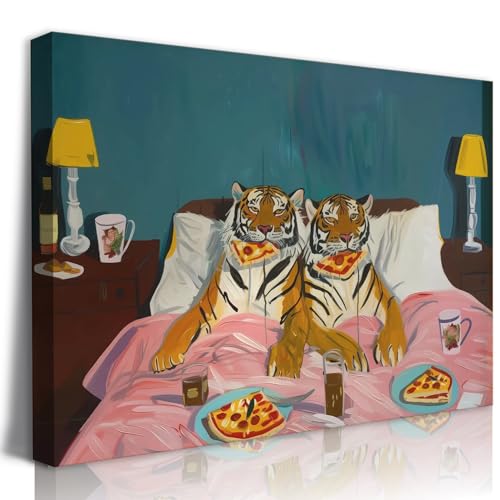 Funny Tiger Eating Pizza in Bed Wall Art Vintage Fun Tigers Couple Canvas Wall Decor Maximalist Blue Pink Jungle Animal Paintings Eclectic Whimsical Bedroom Picture Print