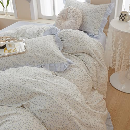 King Comforter Set Blue Floral Comforter King Vintage Floral Bedding Comforter Boho Ruffle Comforter Set Cottagecore Flower Botanical Comforter with 2 Pillowcases Fluffy Soft Comfy Comforter Set