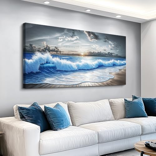 Large Canvas Wall Decor For Living Room Wall Art For Bedroom Office Dining room Decor Modern Black White And Blue Ocean Wave Painting Printed Artworks Wall Pictures Home Decor 24"X48"