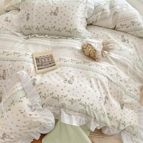 Botanical Floral Comforter Set Full Size Cute Flower Leaves Rabbit Pattern Comforter Reversible Green Plaid Comforter Girls Princess Bedding Set Lace Ruffle Comforter Set for Kids Teen Girls (3 Count)