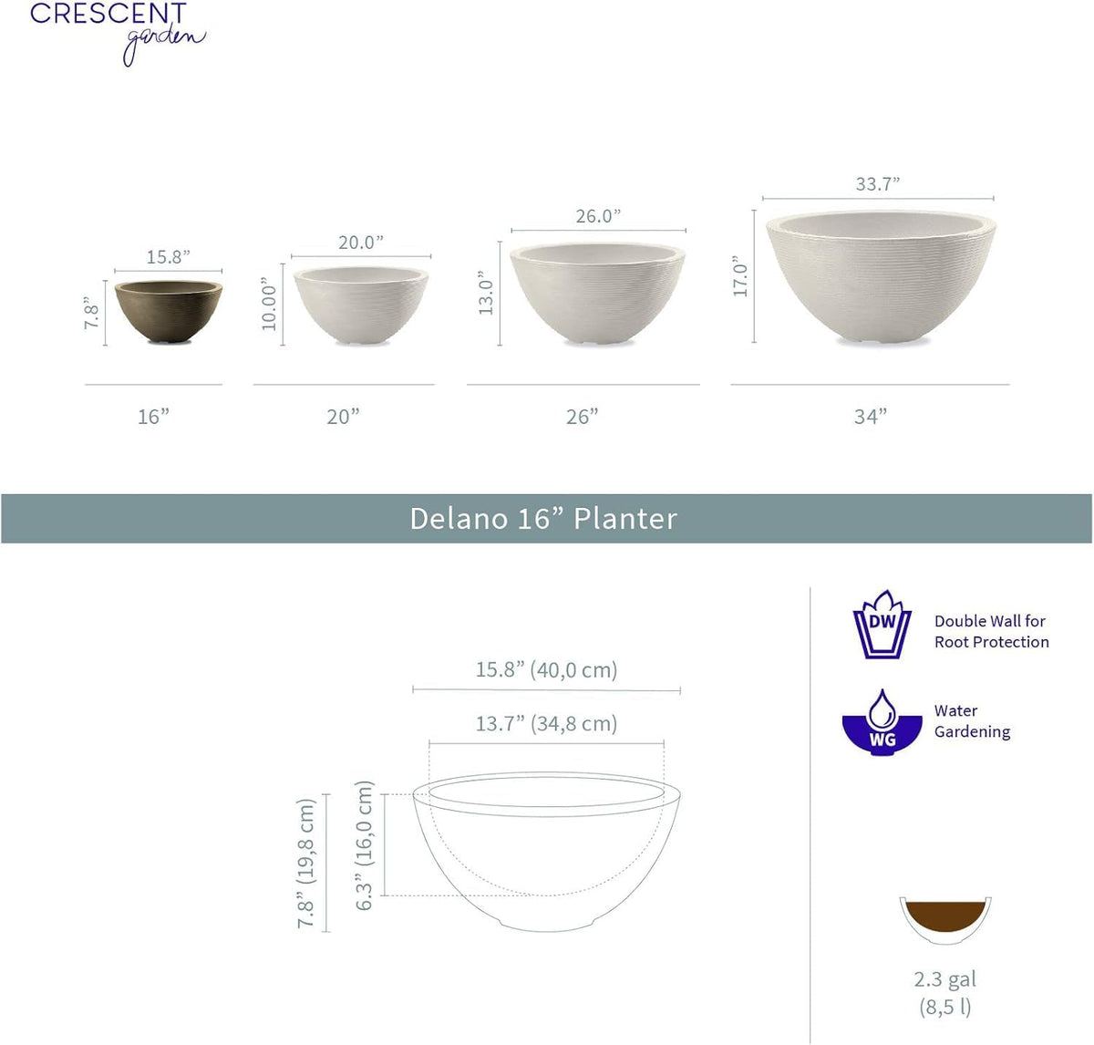 Crescent Garden Delano Bowl Planter, Indoor Outdoor Round Shallow Plant Pot for Water Garden, Bonsai Plant Pots, Succulents with Drain Hole - Double Walled Bowl Lotus Pot, 16" W (Slate)