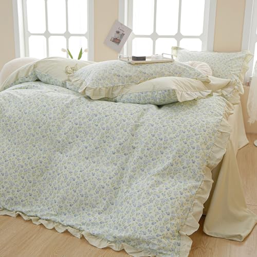 Vintage Garden Floral Ruffled Comforter Set King Fluffy Soft Microfiber Chic Blue Floral Bedding Set Cottagecore Flowers Pattern Botanical Comforter Set with 2 Pillowcases for All
