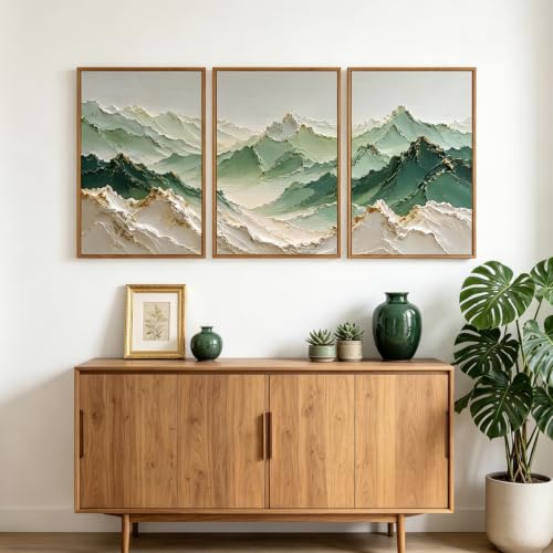 3D Textured Green Mountain Landscape Framed Wall Art 24x36 Inch