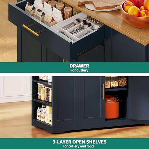 53 inch Large Rolling Kitchen Island with Trash Can Storage Cabinet