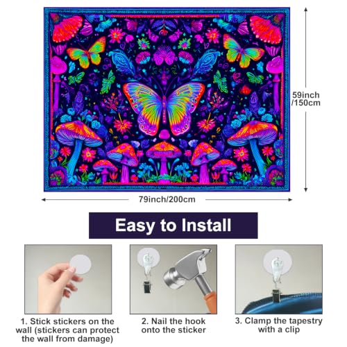 Blacklight Tapestry Butterfly Mushroom Room Decor 78 x 59 Inch