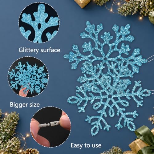 12pcs Large Snowflakes Ornaments Blue 12” Big Plastic Glitter Snowflake for Winter Indoor Outdoor Christmas Tree Window Room Decorations Giant Craft Snowflakes (12 Count)