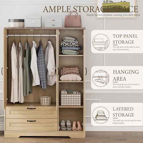 62" Wooden Armoire Wardrobe Closet with Mirror