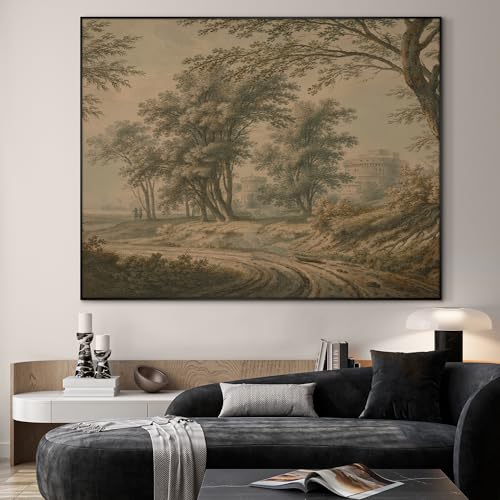 60"x72" Extra Large Framed Wall Art Antique Sepia Landscape with Trees and Historic Architecture for Home Living Room Bedroom Decor