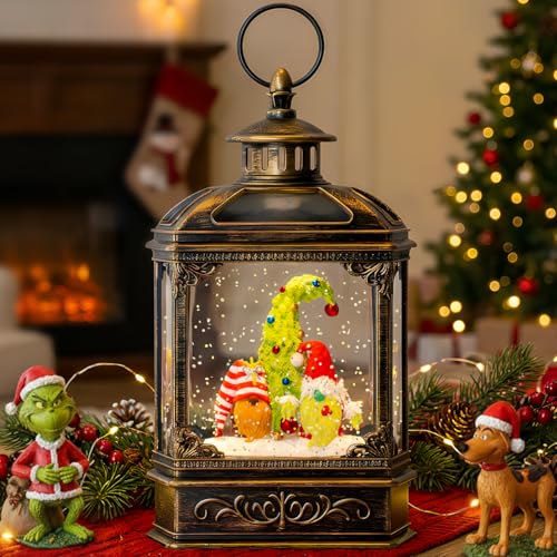 Musical Snow Globe Lantern Lighted Whimsical Christmas Tree & Gnomes Scandinavian Santa Elf Water Lantern with Swirling Glittering Home Decoration and Gift