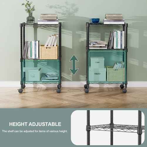 3 Tier Shelf Metal Storage Shelves Wire Rack Closet Organizers with Wheel for Garage Kitchen Bathroom Laundry Black 11.8" D x 17.7" W x 29.8" H