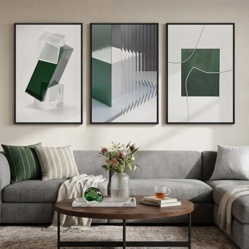 Large Framed Green White Abstract Wall Art for Living Room (3 Count)
