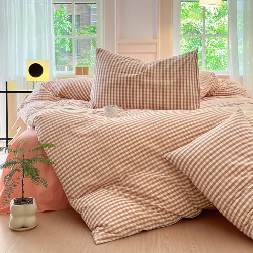 Queen Comforter Set 3 Pieces Pink Gingham Comforter Modern Style Blush Plaid Comforter Set Fluffy Soft Farmhouse Gingham Bedding Grid Checkered Comforter Queen with 2 Pillowcases