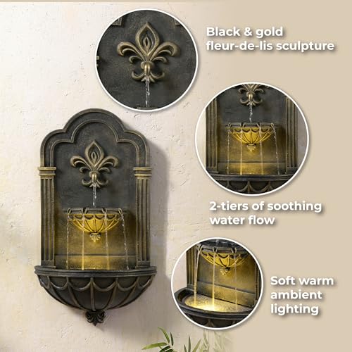 Fleur-de-lis Outdoor Water Fountain, Black & Gold