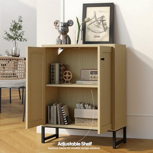 Rattan Decorated 2 Doors Storage Cabinet Accent Cabinet Living Room Cupboard Kitchen Sideboard Buffet Table