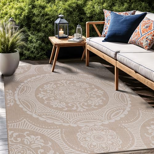 Medallion Outdoor Rug 10x14 Washable Outside Carpet for Indoor Patio Porch Waterproof Easy Cleaning Non Shedding Area Rugs Beige 10 x 14