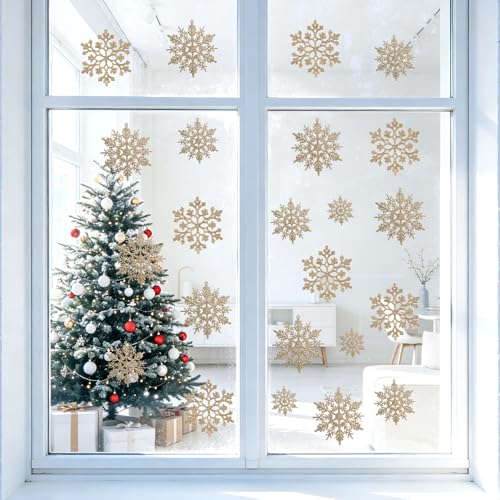 60pcs Christmas Champagne Gold Snowflake Ornaments Plastic Glitter Snow Flakes Ornaments for Winter Christmas Tree Decorations Size Varies Craft Snowflakes (60 Count)