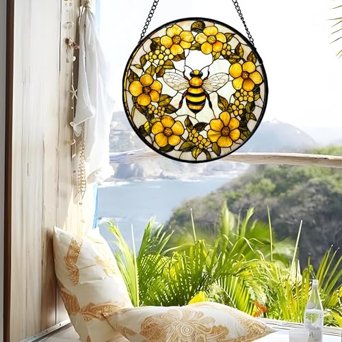 Bee Wreath Stained Glass Window Hanging Suncatcher Gifts for Women 12"