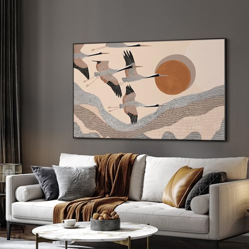 36"x60" Extra Large Framed Wall Art Flying Cranes Over Sunlit Hills Illustration for Home Living Room Bedroom Decor