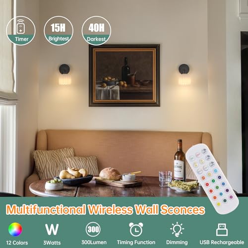 Vintage Battery Operated Wall Sconce with White Tulip Glass Lampshade Rechargeable Battery Powered Black Wall Light with Remote Control for Bedside Bedroom Doorway (2 Count)