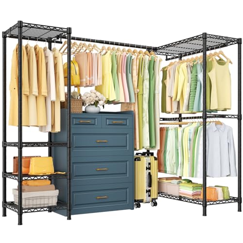 E10L L Shaped Clothes Rack for Corner（With Expandable Hanger Rod）Heavy Duty Freestanding Clothing Racks for Hanging Clothes