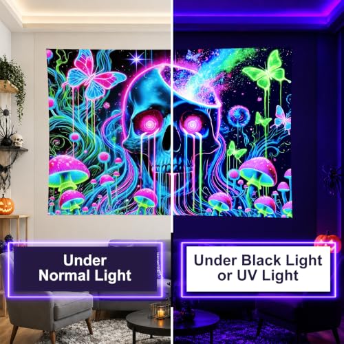 Blacklight Tapestry Skull Butterfly Room Decor 78 x 59 Inch