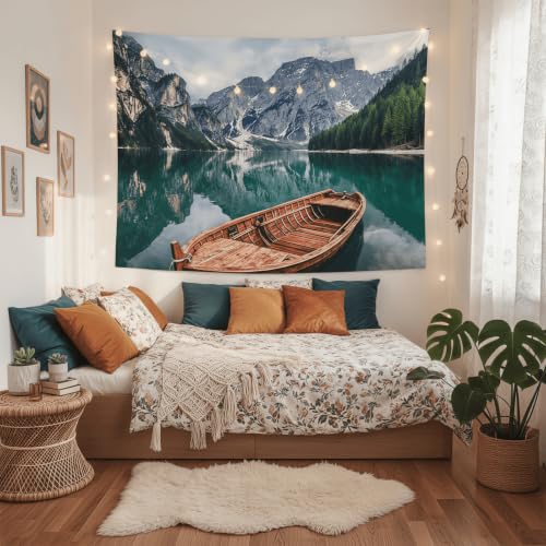 Nature Mountain Lake Boat Tapestry 60x44 Inch