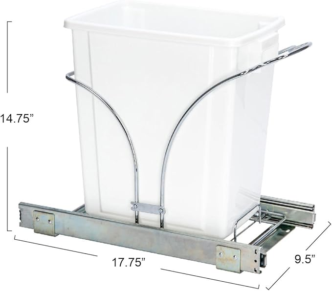 Household Essentials Glidez Chrome-Plated Steel Pull-Out/Slide-Out Discreet Single 5 Gallon Plastic Trash Can for Under Cabinet Use - Fits Standard Size Cabinet, Chrome and White