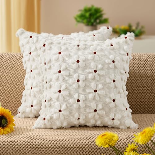 Spring Summer Pillow Covers 20x20 inch Set of 2 White Rust Daisy (2 Count)