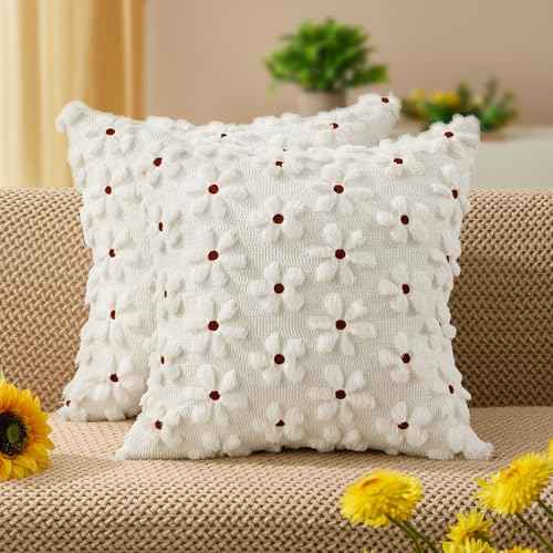 Spring Summer Pillow Covers 16x16 inch Set of 2 White Rust Daisy