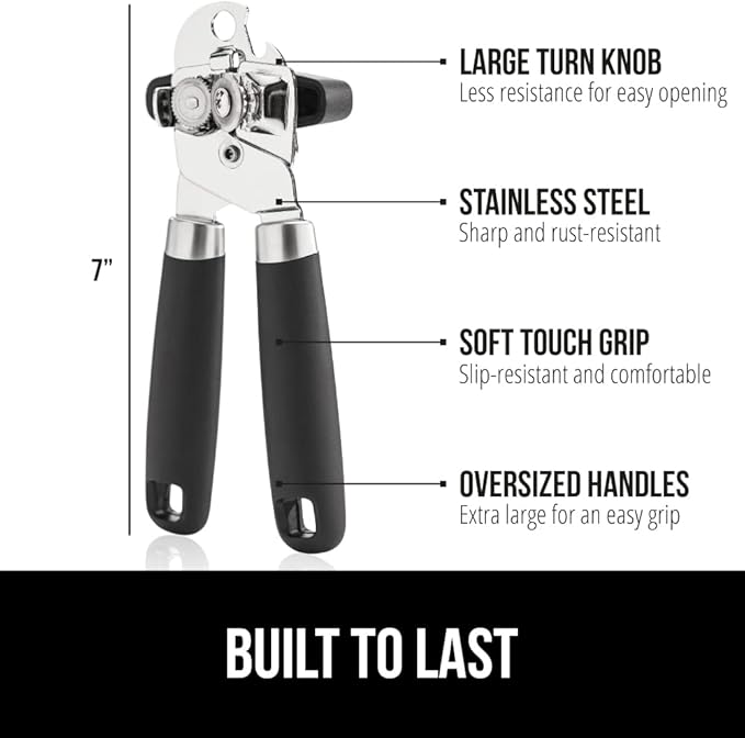 GORILLA GRIP Heavy Duty Stainless Steel Smooth Edge Manual Can Opener and Bottle Openers, Soft Comfortable Handle, Oversized Handheld Turn Knob, US Designed Multifunctional Kitchen Tool, Black