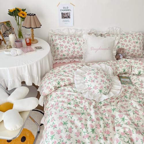 Queen Comforter Set Romantic Ruffle Pink Floral Bedding Comforter with 2 Pillowcases Vintage Botanical Flowers Comforter Set Farmbouse Cottagecore Bedding Ruffle Comforter for All Seasons