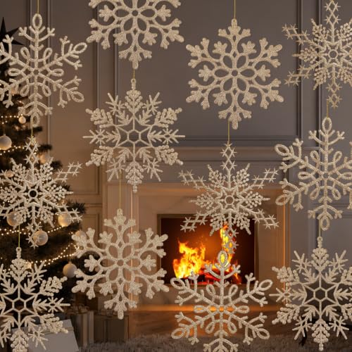 12pcs Large Champagne Gold Snowflakes Ornaments 12” Big Plastic Glitter Snowflake for Winter Indoor Outdoor Christmas Tree Window Room Decorations Giant Craft Snowflakes (12 Count)