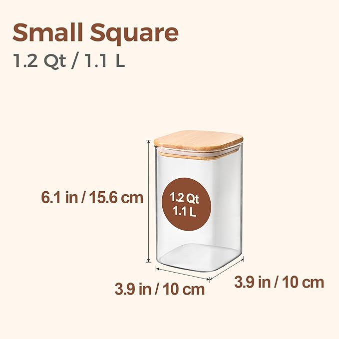 ComSaf 1.2 QT Glass Storage Containers with Lids, Glass Jars with Lids, Clear Food Jar, Square Canister Set of 6, Pantry Organizers and Storage for Cookie Flour Oat Pasta Tea Coffee Bean