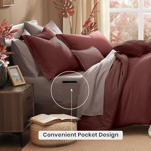 Queen Comforter Set 7 Pieces Cationic Dyeing Dark Red Bed in a Bag