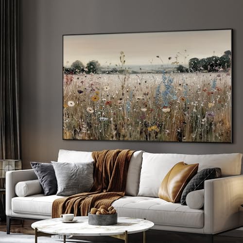 46"x72" Extra Large Framed Wall Art Wildflower Meadow Landscape Soft Pastel Field Illustration for Home Living Room Bedroom Decor