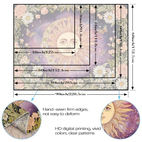 Vintage Sun and Moon Boho Hippie Purple Floral Tapestry 80 x 60 Inch