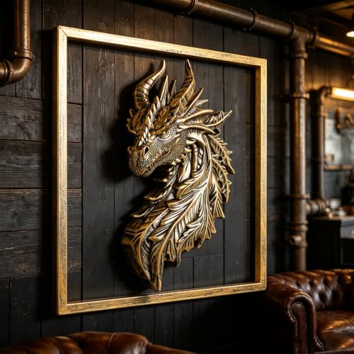 Gold Dragon Head Wall Decor with Metal Frame