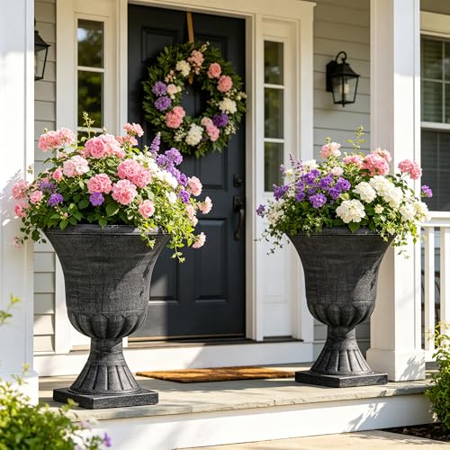 Autodaya 22" Handmade Washed Black Urn Planters Set of 2 Plastic Pots (2 Count)
