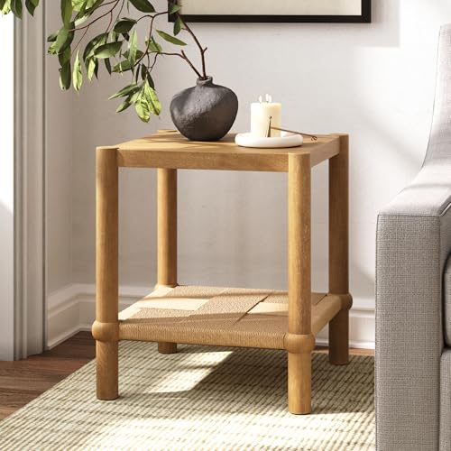 River Modern Coastal Side Table with Solid Wood Legs and Seagrass Storage Shelf