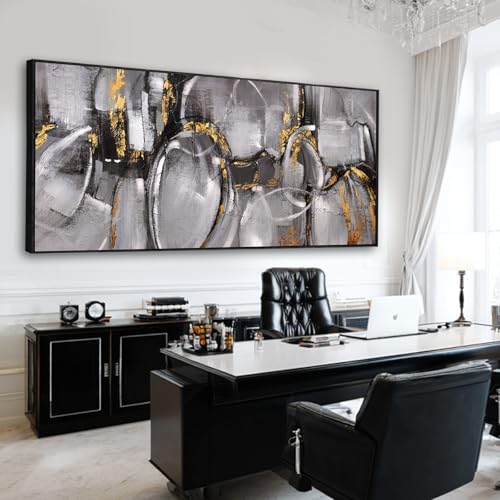 Abstract Canvas Wall Art Grey and Gold Wall Decor Line Print Pictures 32"x70" Bedroom Large Artwork Over Bed Office Posters