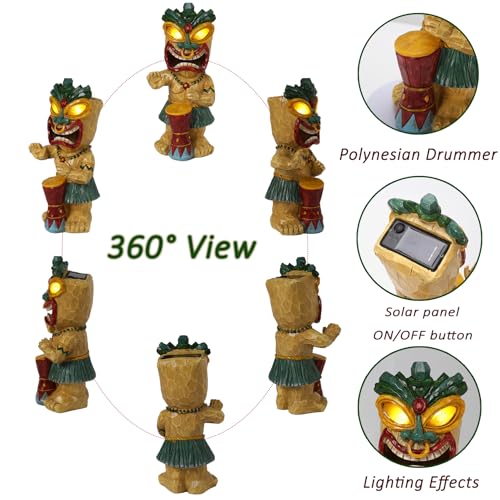 Solar Tiki Garden Statue with LED Eyes Outdoor Polynesian Drummer Hawaiian Party Decor Solar Light Ornament for Patio Porch Lawn or Tiki Lover Best Gifts for Tiki Lovers