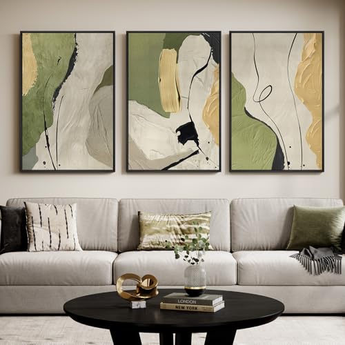 Large Framed Sage Green Abstract Wall Art for Living Room (3 Count)