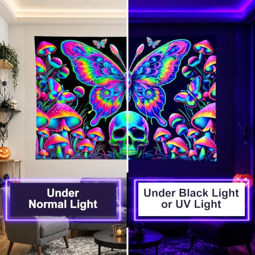 Blacklight Tapestry Butterfly Skull Glow Backdrop 78 x 59 Inch