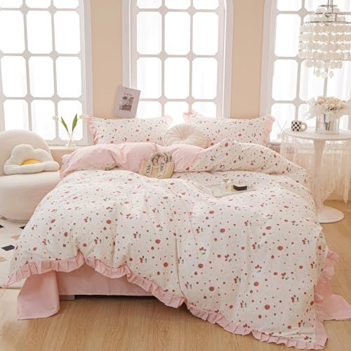 Kawaii Strawberry Comforter Set Twin XL Cute Ruffle Comforter with 2 Pillowcases White Fluffy Microfiber Kids Girls Bedding Comforter Strawberry Printed Ruffled Comforter Set Twin XL for All Seasons