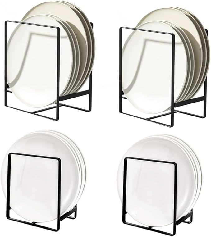 4 Pack Kitchen Plate Holder Organizer for Cabinet Space Saver, Kitchen Dish Storage Drying Racks, Metal Upright Dish Stand for Counter Cupboard (Black)