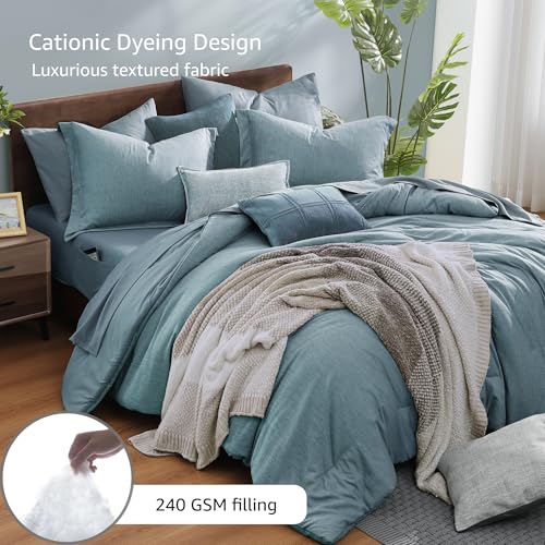 Full Comforter Set 7 Pieces Dusty Blue Cationic Dyeing Bed in a Bag