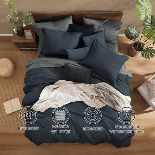 King Comforter Set 7 Pieces Navy Blue Cationic Dyeing Bed in a Bag